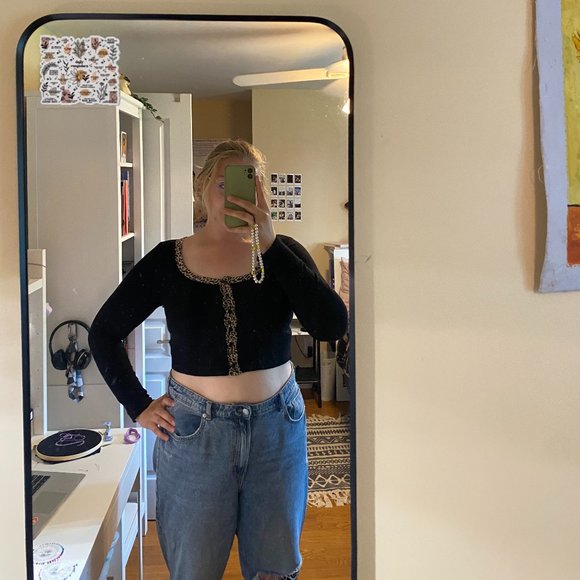 Button Front Contrast Leopard Trim Rib-knit Top - Picture 2 of 2